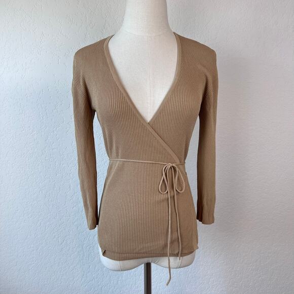 American Vintage Tops - Vintage 90s Y2K Beige Wrap Top Size PS V Neck Ribbed 3/4 Sleeve